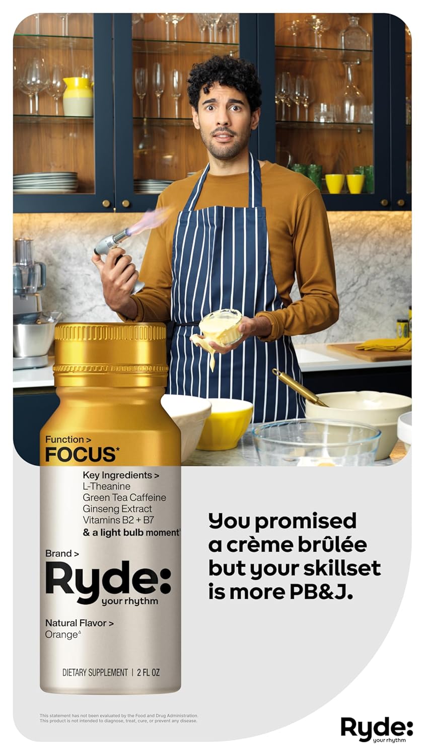 Ryde: Focus Shot | Orange Flavor | L-Theanine & Ginseng | Green Tea Caffeine | Vitamins B2 & B7 | 0 Calories, 0 Sugar | 2 FL OZ Shots | Supports Focus* (24 Pack)