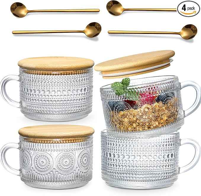 4pcs Set Vintage Coffee Mugs gifts for women, Overnight Oats Containers with Bamboo Lids and Spoons - 14oz Clear Embossed Glass Cups, Cute Coffee Bar Accessories, Iced Coffee Glasses