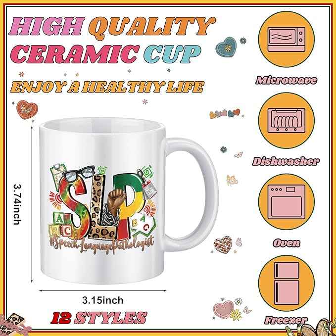 12 Pcs National Speech-language Pathologist Day Thank You Gifts 11oz Ceramic Mugs Cup Bulk Coffee Mugs for Tea Milk Latte Hot Chocolate Pathologist Happy SLP Day Party Supplies