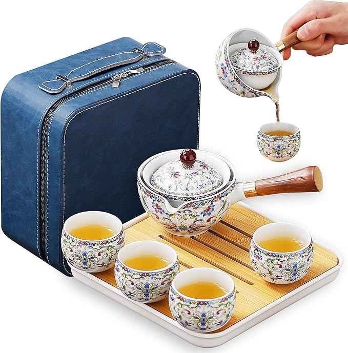 Chinese Tea Set Gongfu Tea Set, Japanese Tea Set with 360 Rotation Tea Maker and Infuser,Leather Bag for Travel, Outdoor,Office, Home, Gifting (4cups-White Treasure Flower)