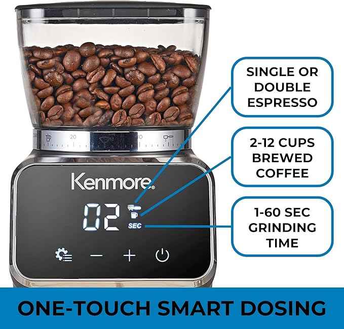 Kenmore Conical Burr Coffee Grinder - Electric Maquina de Moler Café for Espresso, French Press, Drip, Adjustable Grind Size, Bean Mill, Digital Control, Spice Grinding, Home Use
