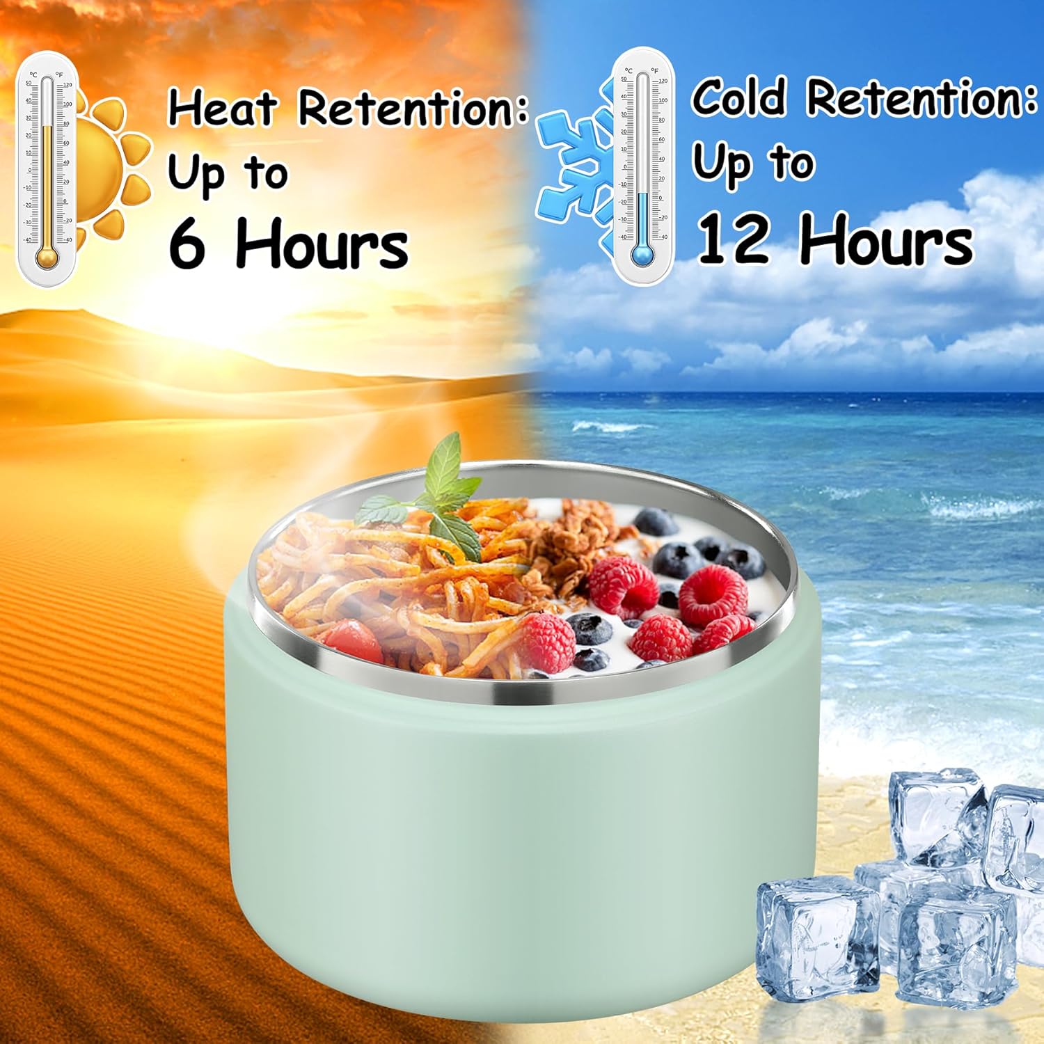 12oz Insulated Vacuum Food Jar with Buckle Lid Wide Mouth Soup Thermo for Hot Food Kids Leakproof Stainless Steel Lunch Container (Mint, 12OZ) - Blissbrew
