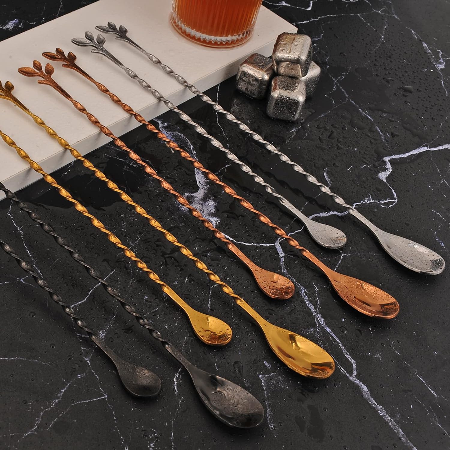 AnSaw Silver 10-Inch Stainless Steel Cocktail Spoon with Leaf Handle - Perfect for Mixing & Layering Drinks in Tall Cups, Bar & Shakers - Durable Long Handle Bar Stirrer,2-Pieces