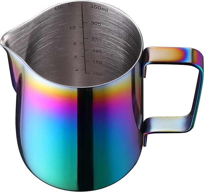 Stainless Steel Milk Frother - 12oz, 350ml Steaming Pitcher - Perfect for Latte Art, Espresso & Cappuccino Makers - Rainbow Color