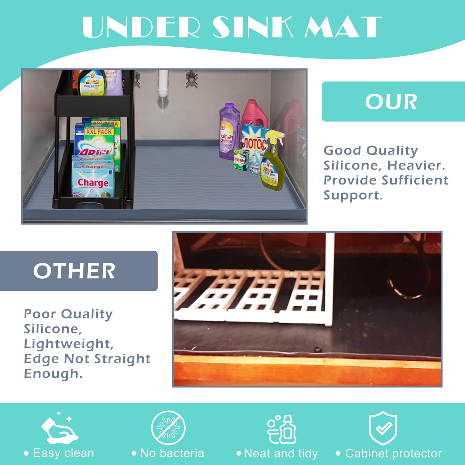URMONA Waterproof Silicone Under Sink Mat 37'' x 22'' Shelf Liner for Kitchen and Bathroom, Cabinet and Counter Protector, Storage and Organizers, Litter Mat, Pet Cat Puppy Essentials(Beige)