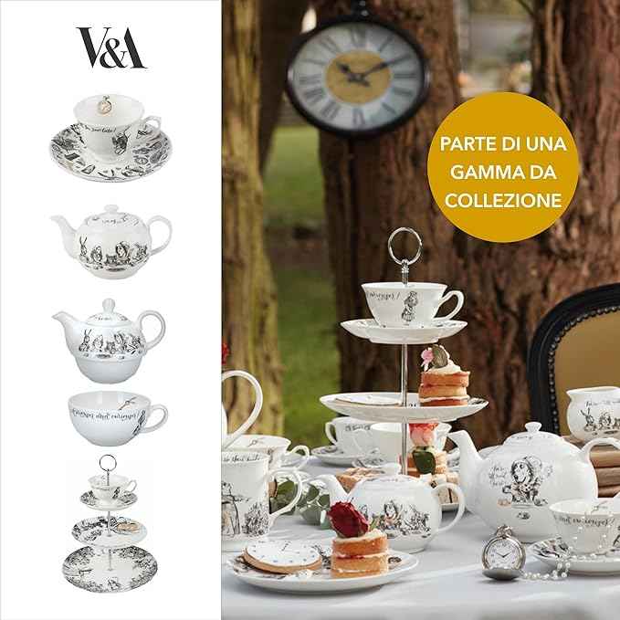 V&A Alice in Wonderland Teapot and Cup Set For 1 in Gift Box, Fine China Tea Set, White, 250 ml