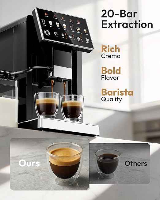 Automatic Espresso Machine, 20 Bar Coffee Maker with Grinder Built in Milk Frother, 15-Grind Settings Fully Automatic Espresso Machine with Touch Screen, Auto Self-Cleaning for Cappuccino & Latte