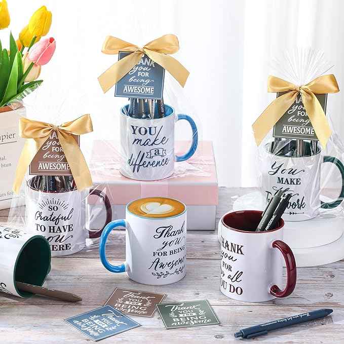 Baderke 6 Set Employee Appreciation Gifts Include Thank You Staff Mug Gift Set 12 oz Appreciation Mugs Inspirational Pens Tags for Employee Staff Team Group (Blue Green Brown,Classic)