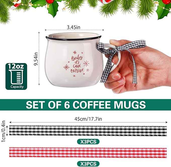 Sawysine Christmas Coffee Mugs Set of 6, 12 oz Ceramic Mug Gift Holiday Hot Cocoa for Family Mom Woman Friend Farmhouse (Candy Canes Style)