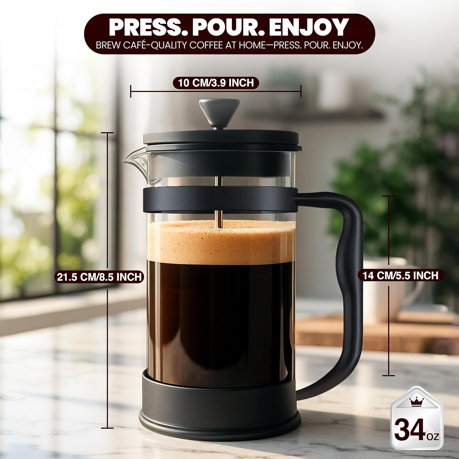 Utopia Kitchen 34 Ounce 1 Liter French Press Coffee Maker, Tea Maker, Travel Coffee Presses, Heat Resistant Thickened Borosilicate Coffee Pot for Camping Travel Gifts, Black Pack of 1 - Blissbrew