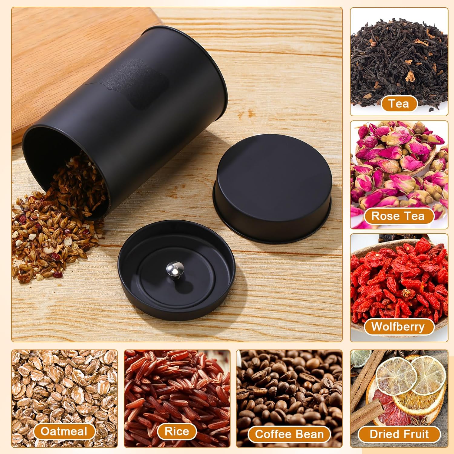 Tanlade 6 Pcs Tea Tin Canister Metal Round Can with Airtight Lid Double Sealed Tea Tin Canisters, with 1 Erasable Chalk Marker and 16 Stickers for Loose Leaf Coffee Sugar, 16 oz