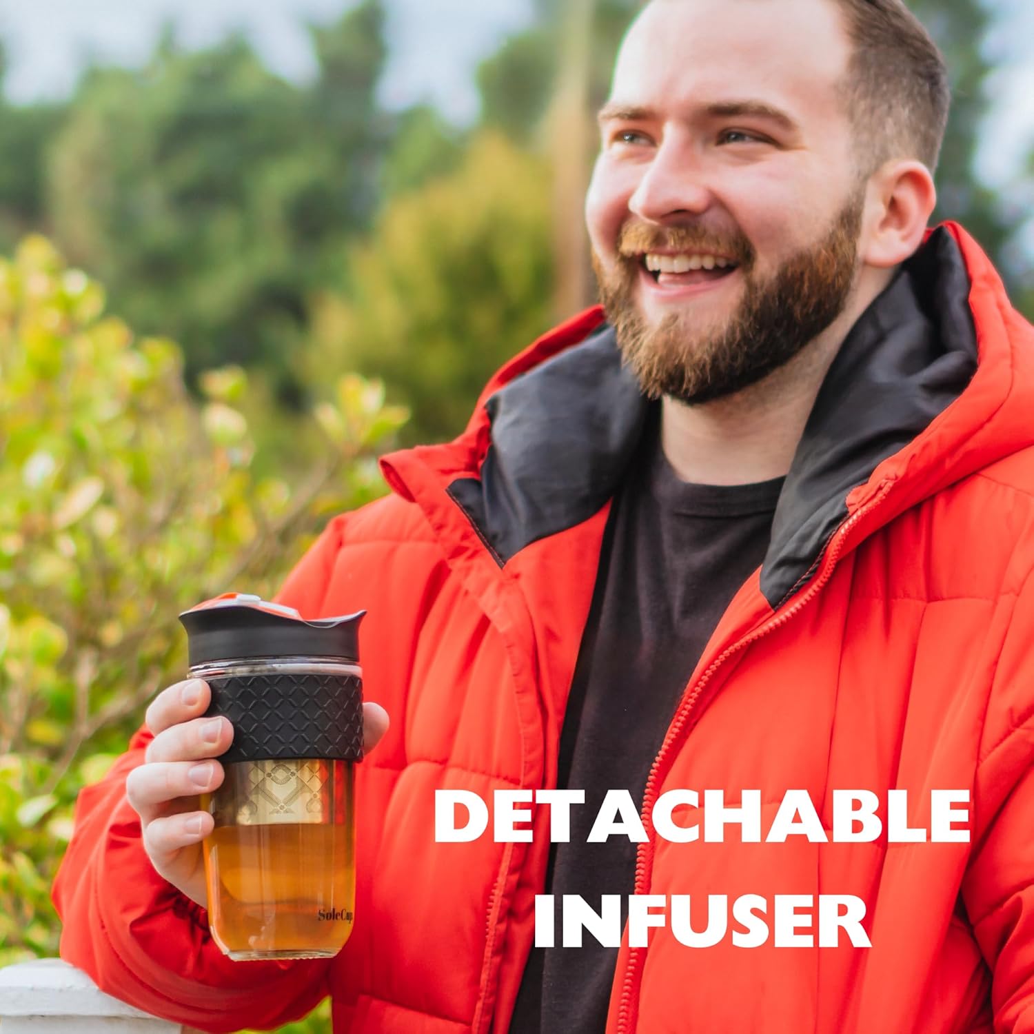 Large Travel Mug Loose Tea Infuser - Detachable Tea Strainer with Spill Proof Lid - 18oz/530ml BPA-Free Reusable Glass Travel Coffee Cup with Silicone Band (Red)
