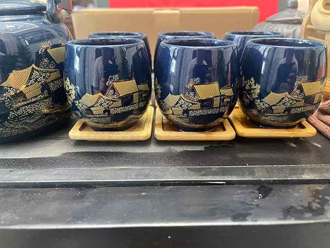 Gift Set Japanese Tea Set, Asian Black Glazed Ceramic Tea Set - Contains 1 Teapot, 1 Tea Strainer and 6 Teacups. Ideal for Home, Outdoor, Office (Blue2)
