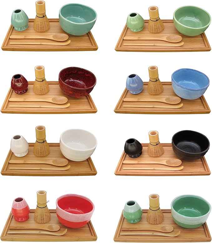 BambooMN Brand - Matcha Bowl Set (Includes Bowl, Rest,Tea Whisk, Chasaku, Tea Spoon & Tray) 1 Set Mint Green