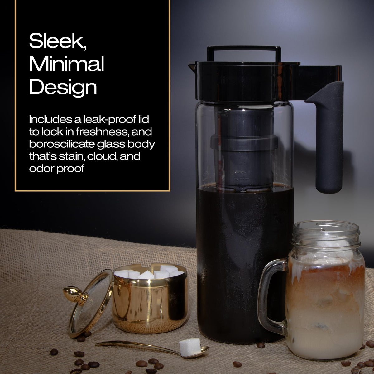 Black lid and handle on a 2 quart glass pitcher