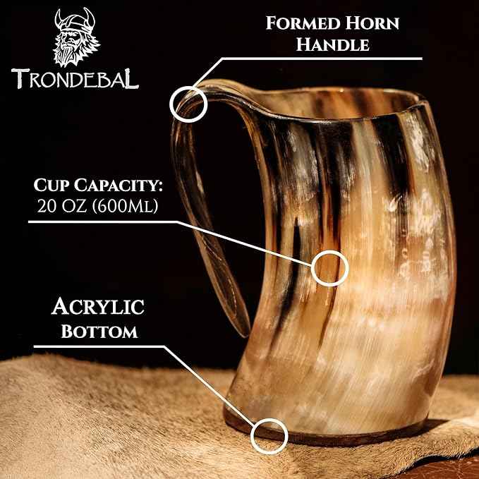Viking Drinking Horn Mug, 15-20 Oz Natural Ox Horn Cup & Cofee Stein | Cool Unique Gift for Men and Women, Home Decor Accessories | Shot Glasses for Beer, Ale, Whiskey, Mead