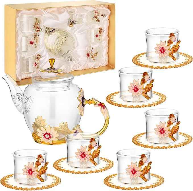 7 Pcs Floral Tea Set for Women, Vintage Flower Teapot Set With Gift Box, Glass Tea Kettle, Fancy Cup, Mug With Coasters for Kitchen Family Gathering Home
