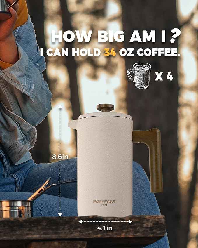 POLIVIAR French Press Coffee Maker, 34 Ounce Coffee Press with Real Wood Handle, Double Wall Insulation & Dual-Filter Screen, Food Grade Stainless Steel for Good Coffee and Tea JX2023-FPLM