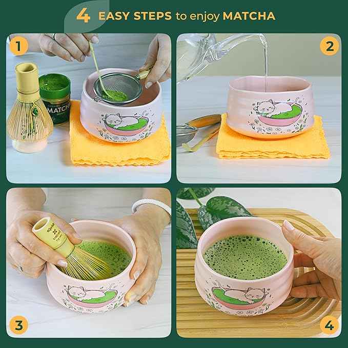 Matcha Gift Set 6 Pcs – Ceramic Bowl, Bamboo Whisk, Whisk Holder, Scoop, Sifter & Cloth – Traditional Japanese Set for Green Tea by Aprika Matcha (Pink with Cats)