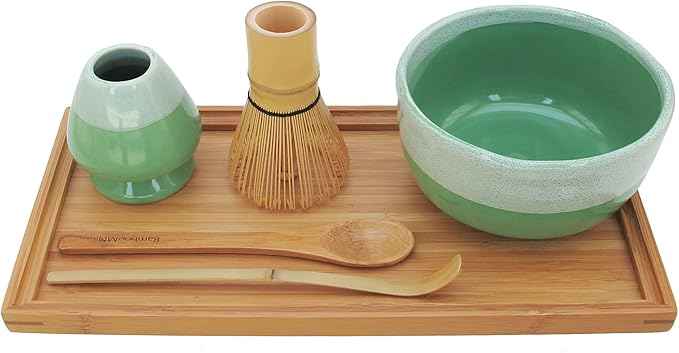 BambooMN Brand - Matcha Bowl Set (Includes Bowl, Rest,Tea Whisk, Chasaku, Tea Spoon & Tray) 1 Set Mint Green