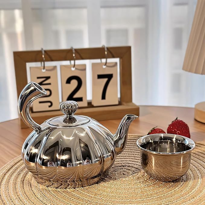Stainless Steel Teapot with Removable Infuser - 12OZ Stovetop Safe Tea Maker Water Kettles for Loose Leaf, Small Pumpkin Tea Kettle for Coffee Tea Milk, Thickened Mirror Polished Ornaments