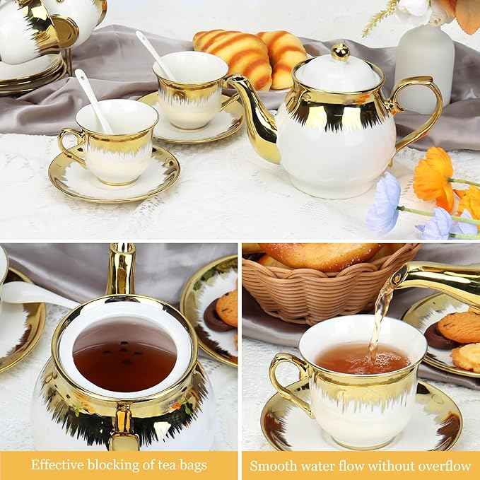 Porcelain Tea Set, Large Ceramic Tea Set for Adults with Metal Holder, 20 Pcs European Tea Cup Set, Luxury Adult Tea Sets Gift, Gold Trim Tea Cup Saucer Sets for Party Deco,1000ML (Gold Trim)