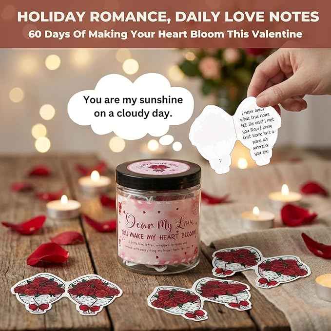 Love Notes Jar with 60 Romantic Messages - Valentines Day Gifts for Him, Her - Romantic Long Distance Relationship Gifts for Him, Her - Sweet Love Keepsake for Couples, Gift-Ready Jar