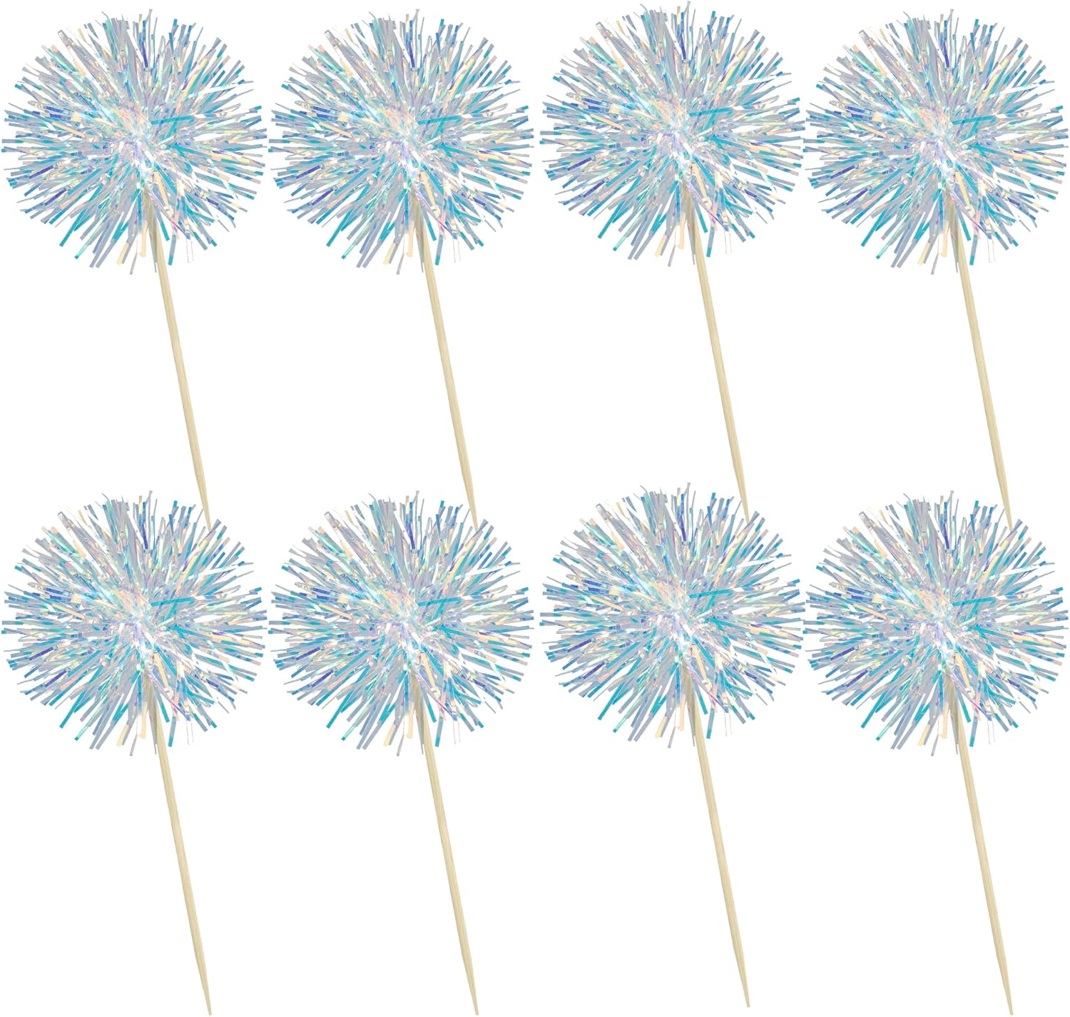 Ephlyn 30Pcs Foil Firework Cupcake Toppers Sparkle Tinsel Cupcake Picks Drink Stirrers Cocktail Food Fruit Toothpicks for Baby Shower Graduation Party Supplies White