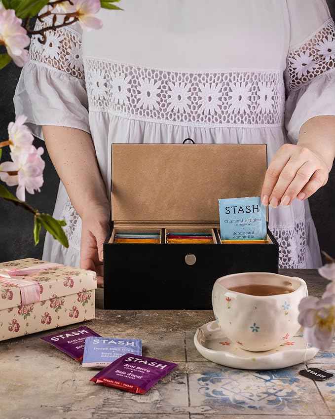 Gourmet Herbal and Decaf Tea Gift Variety, 60 Count 15 Flavors, Non-GMO and All-Natural, Vegan Leather Storage Box