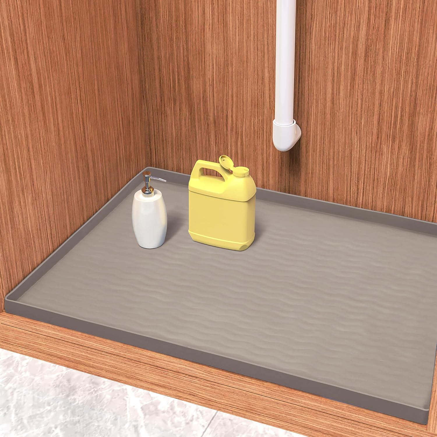 URMONA Waterproof Silicone Under Sink Mat 22'' x 22'' Shelf Liner for Kitchen and Bathroom, Cabinet and Counter Protector, Storage and Organizers, Litter Mat, Pet Cat Puppy Essentials(Beige)