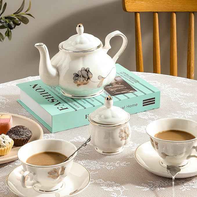 CHENP.HMC Porcelain Ceramic 22-Piece Tea Set, Teapot and Cup Set, 30.7 Ounces, for 6, Gift Sets, Tea or Coffee Lovers, Wedding, Birthday