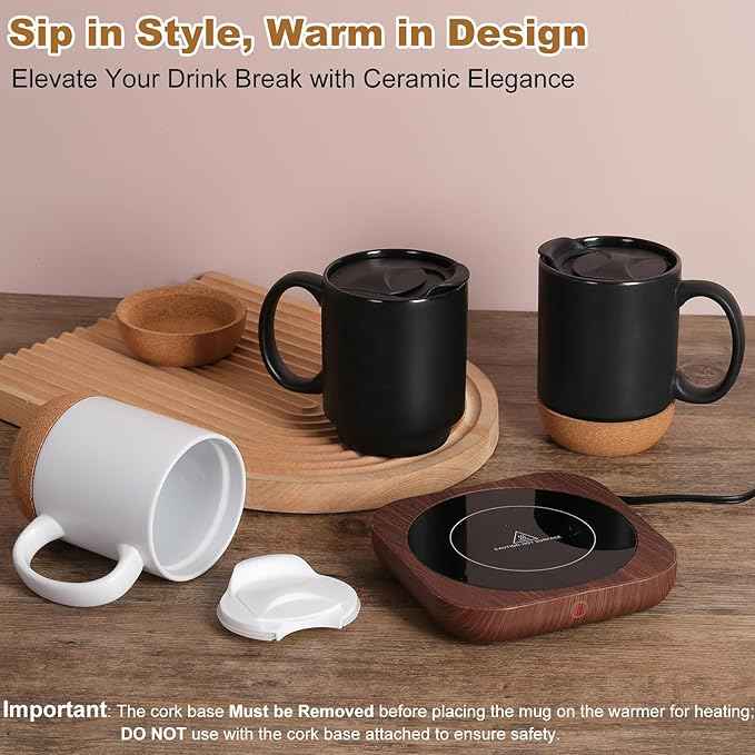 Coffee Mug Warmer & Mug Set for Desk, Electric Coffee Cup Warmer with Ceramic Mug, Smart Heated Coffee Mug with Auto Shut Off for Office/Home, Christmas/Birthday/Coffee Gifts for Men & Women, Wood
