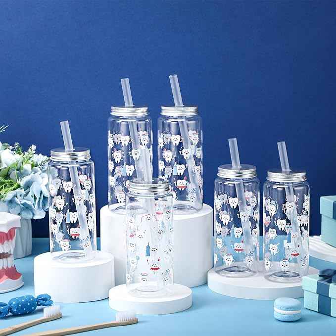 Vesici 12 Pcs Dental Assistants Gift 14.2oz Tooth Tumbler with Lid and Straw Dental Hygienist Assistants Plastic Reusable Tumbler Tooth Gift Cold Drinking Cup for Women Men Coworker