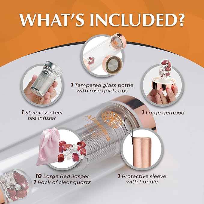 Almeara Crystal Water Bottle with Authentic Red Jasper Stones & Clear Quartz Removable Gemstones, Loose Leaf Tea Infuser - Relaxation, Healing & Spiritual Gifts for Women - Witchcraft Supplies