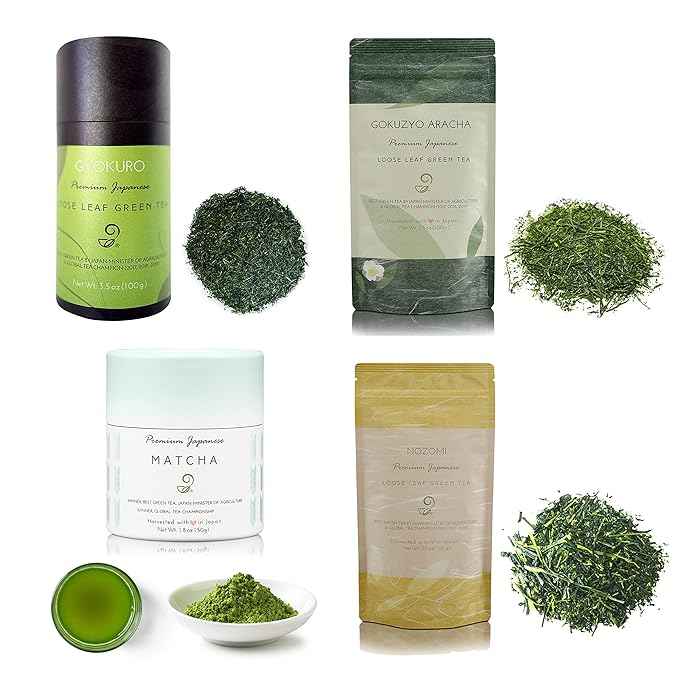 Matcha, Gyokuro, Nozomi and Gokuzyo Aracha Tea Assortment from Japanese Green Tea Co - Single Origin All-Natural Japanese Tea Set – Non-GMO, No Sugar – Ideal for Tea Lovers