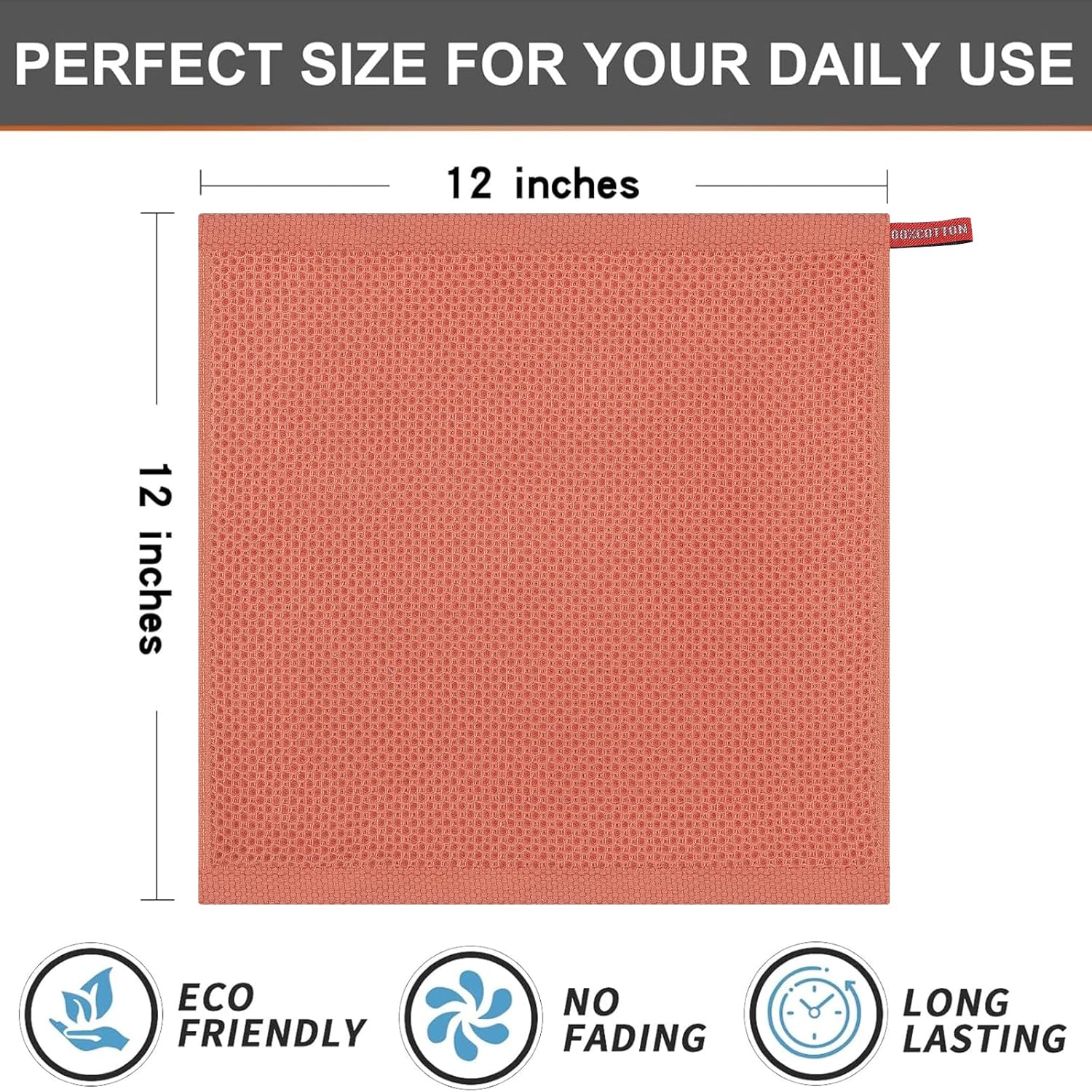 Kitinjoy 100% Cotton Kitchen Dish Cloths, 12 Pack Waffle Weave Ultra Soft Absorbent Dish Towels for Drying Dishes Quick Drying Kitchen Towels Dish Rags, 12 X 12 Inches, Coral