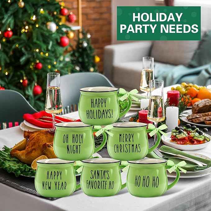 Sawysine Christmas Coffee Mugs Set of 6, 12 oz Ceramic Mug Gift Holiday Hot Cocoa for Family Mom Woman Friend Farmhouse(Evergreen Style)
