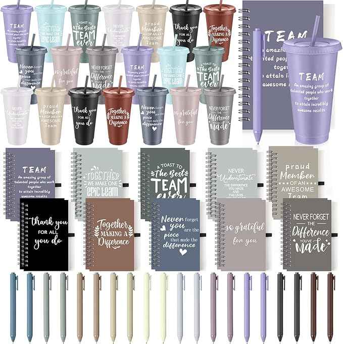 Shellwei 60 Pcs Employee Appreciation Gifts Bulk 24 oz Thank You Tumbler with Lid and Straw Mini Spiral Notebooks and Pens Appreciation Gifts for Team Employee Coworkers Teacher (Teamwork)
