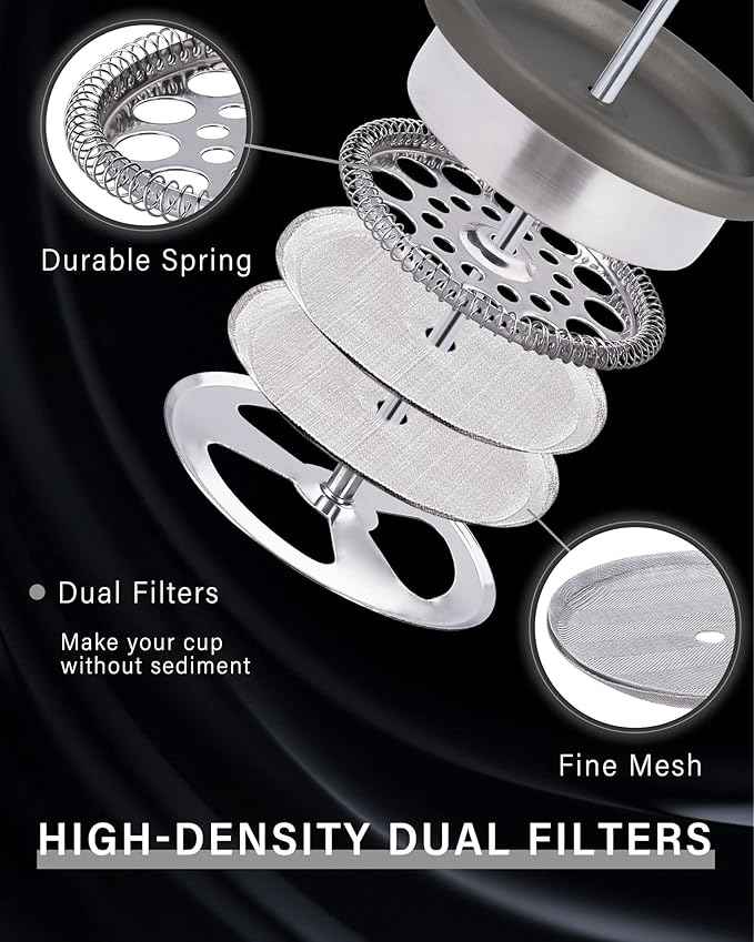 POLIVIAR French Press Coffee Maker, 12 oz Portable French Press with Mini Canister and Collection Bag, Double Wall Insulation & Dual- Filter Screen, Food Grade Stainless Steel for Coffee