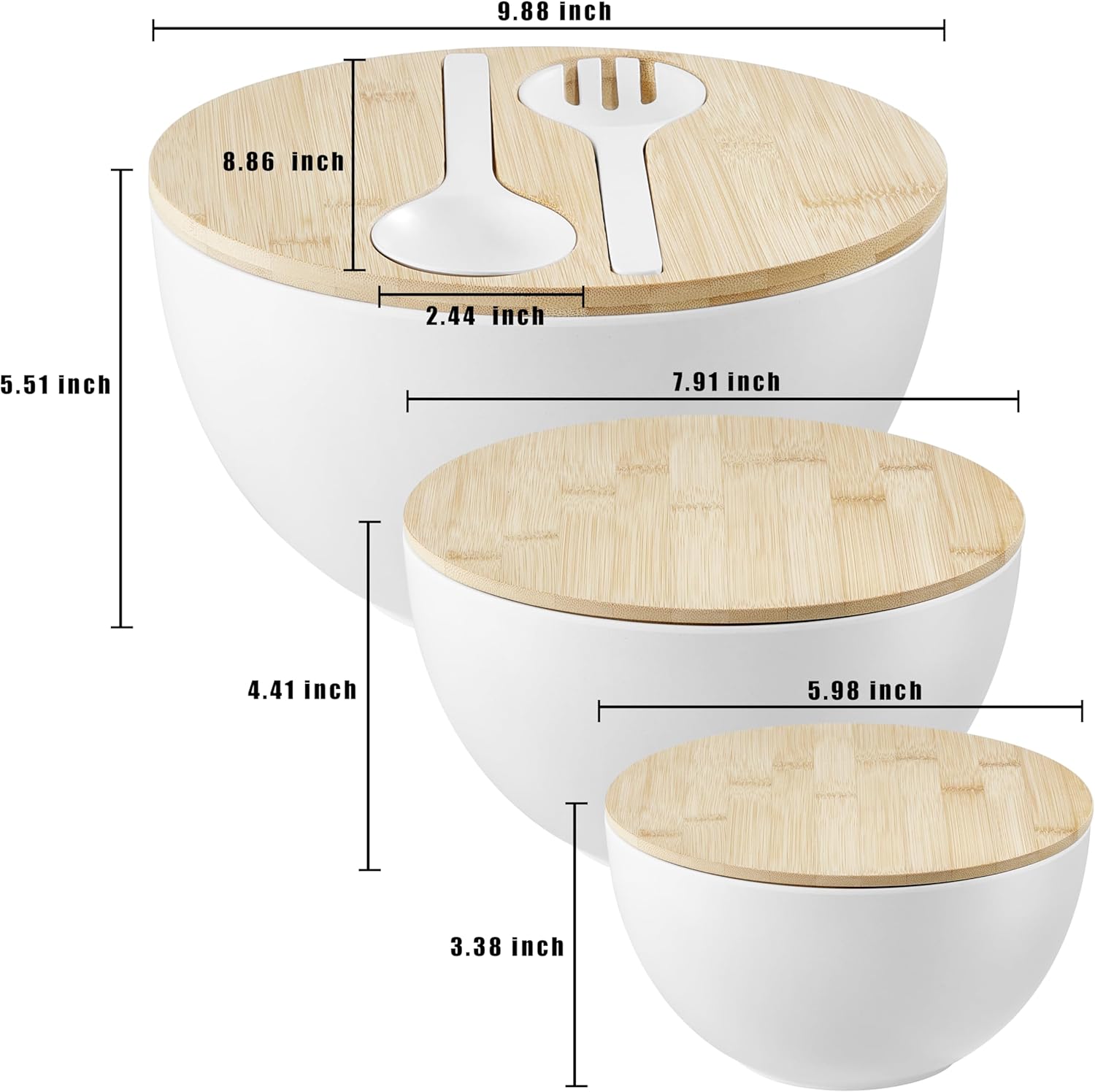 Large Salad Bowls with Bamboo Lids Set of 3, Mixing Nesting Bowls Round Serving Bowls with Servers for Salads, Kitchen Eating, Pastas, Popcorn, Chips, Trifle, Fruit, Food Prepare (White,10",8",6" )