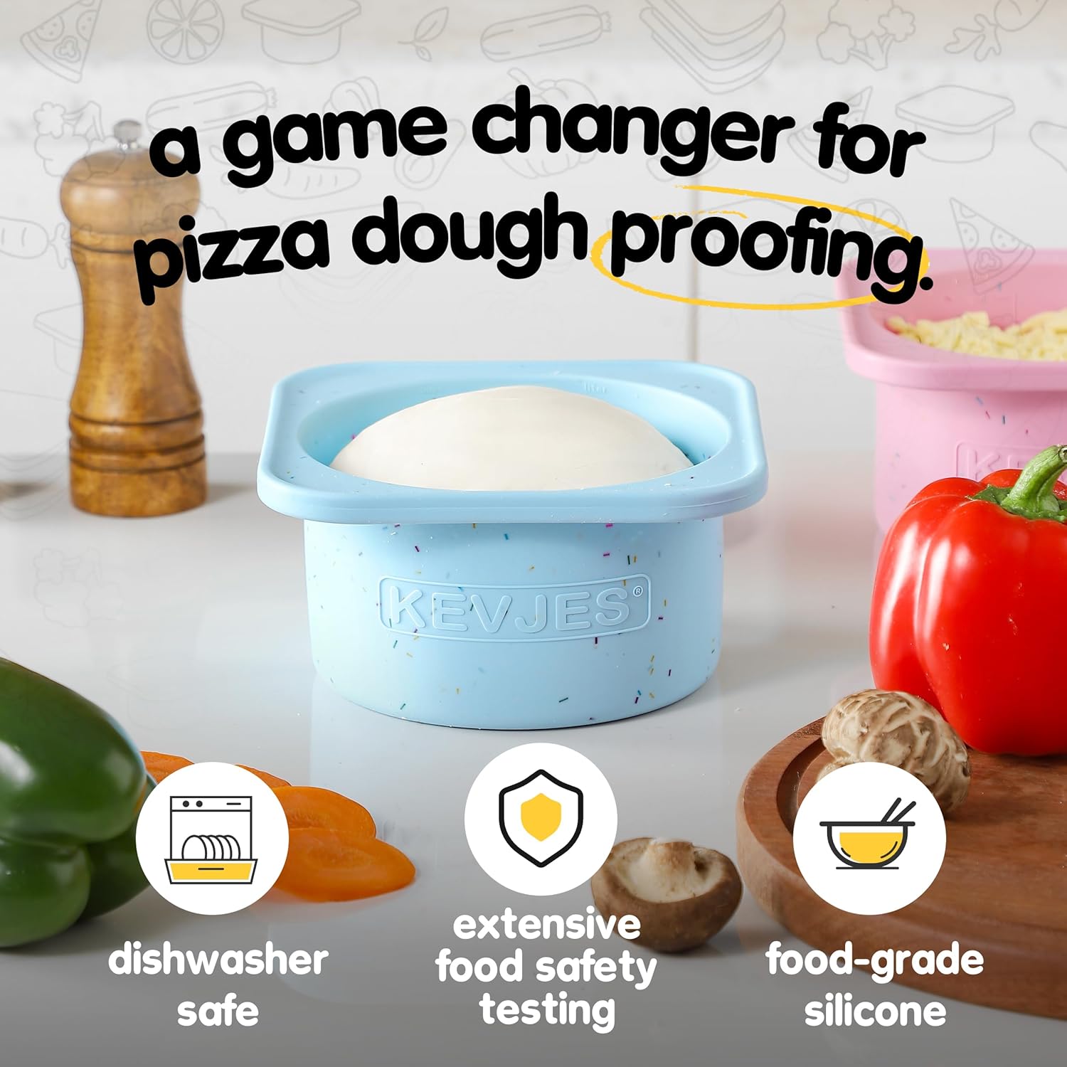 PLUS 1000ml Pizza Dough Proofing Containers for DIY family Artisan Pizza, Food Grade Silicone Stackable Boxes with Lids, Freezer, Fridge, Dishwasher Safe-Sprinkles Pattern-3 Pack (Aqua)