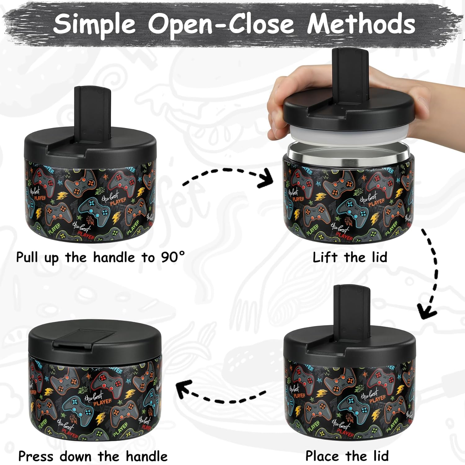 12oz Insulated Vacuum Food Jar with Buckle Lid Wide Mouth Soup Thermo for Hot Food Kids Leakproof Stainless Steel Lunch Container (Black-Game) - Blissbrew
