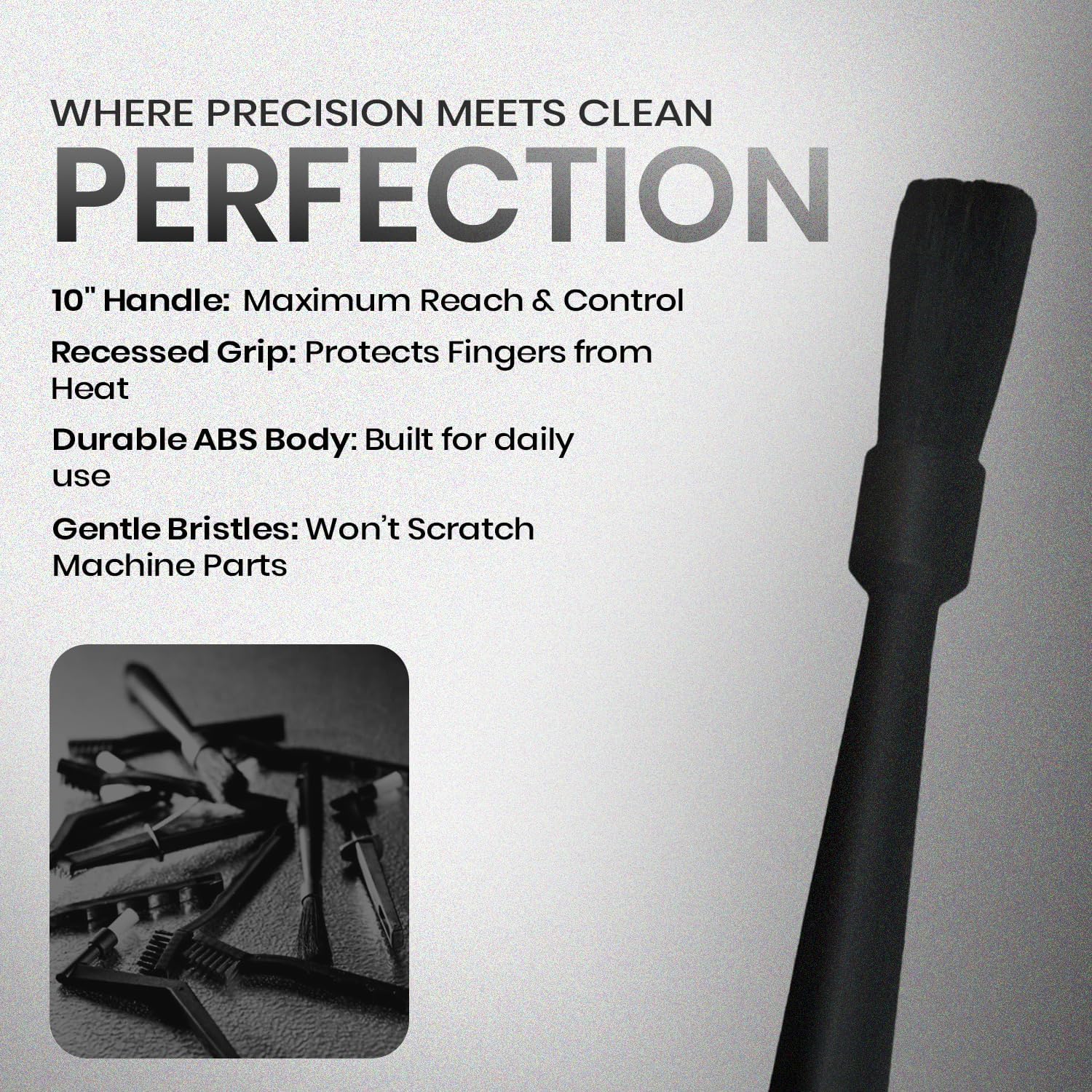 Rattleware 10" Black Espresso Machine Grinder Brush, Long Durable Handle Coffee Grinder Cleaning Brush - Ideal for Home, Cafe, Restaurant, or Hotel - Trusted By Baristas