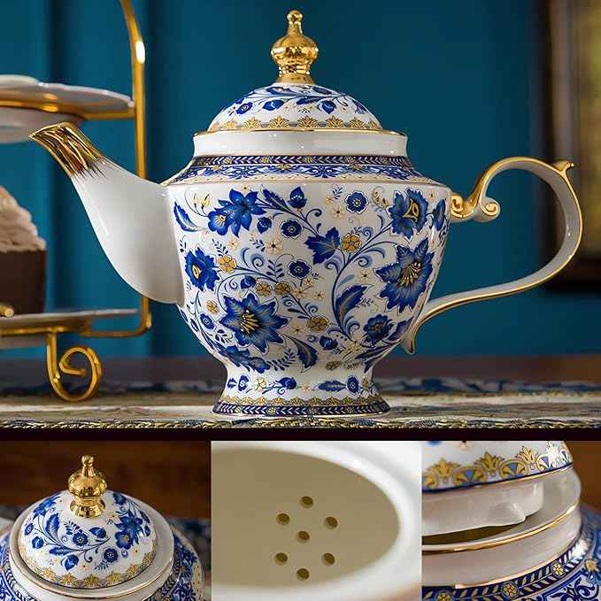 ACMLIFE Bone China Tea Set for 6, Blue and White Tea Set for Adults 24K Gold, Vintage Floral British English Cups and Saucers for Women Party or Gift Giving (Blue)