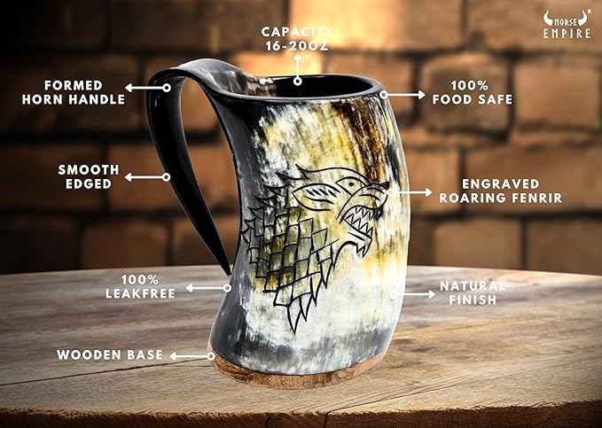 Viking Drinking Fenrir Engraving Horn Mug,16-20oz | The Ultimate Unique Handmade Ox horn Mug for Cold Drinks - 100% food safe. Vikings Horn cups (Roaring Fenrir - Polished)