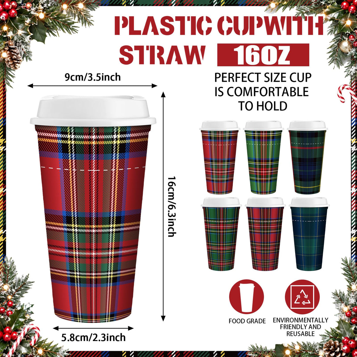 Tartan plastic coffee cup with vented lid, 16 oz