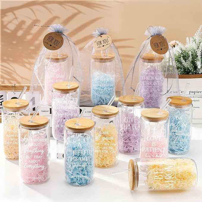 12 Pcs Christian Gift Bulk Glass Cups with Bamboo Lids and Straws 16 oz Coffee Cup Christian Gifts