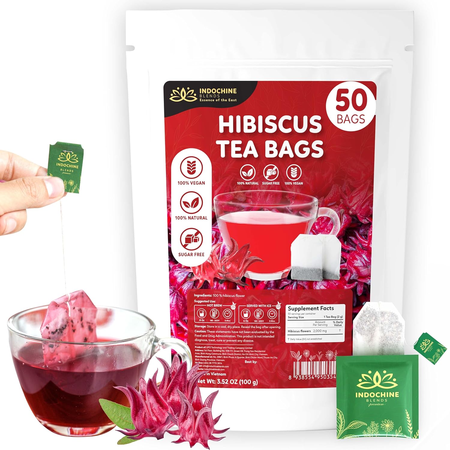 Indochine Blends Hibiscus Tea Bags | 100% Pure Hibiscus Flower | Sugar-Free, Caffeine-Free Herbal Tea | Double Chamber, Individually Wrapped Tea Bags| Rich in Natural Goodness and Flavor | 3.5 oz | 50 Tea Bags