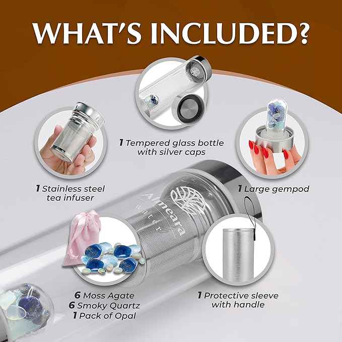 Almeara Crystal Water Bottle with Authentic Lapis Lazuli, Opal Stones & Aquamarine Removable Gemstones, Loose Leaf Tea Infuser - Relaxation, Healing & Spiritual Gifts for Women - Witchcraft Supplies