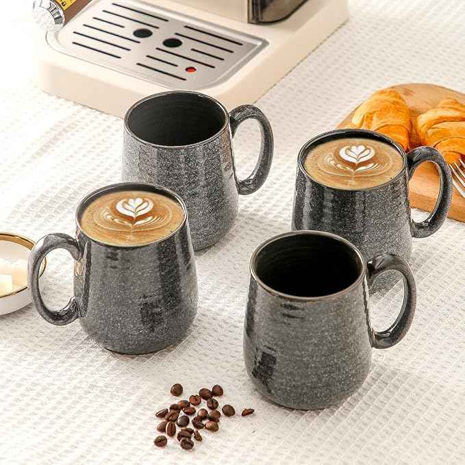 HASENSE Ceramic Coffee Mugs - 15 OZ Large Coffee Cups Set of 4 with Handle for Hot Beverage, Porcelain Latte Mugs for Tea, Milk, Cocoa, Cappuccino and Mocha, Microwave and Dishwasher Safe, Grey